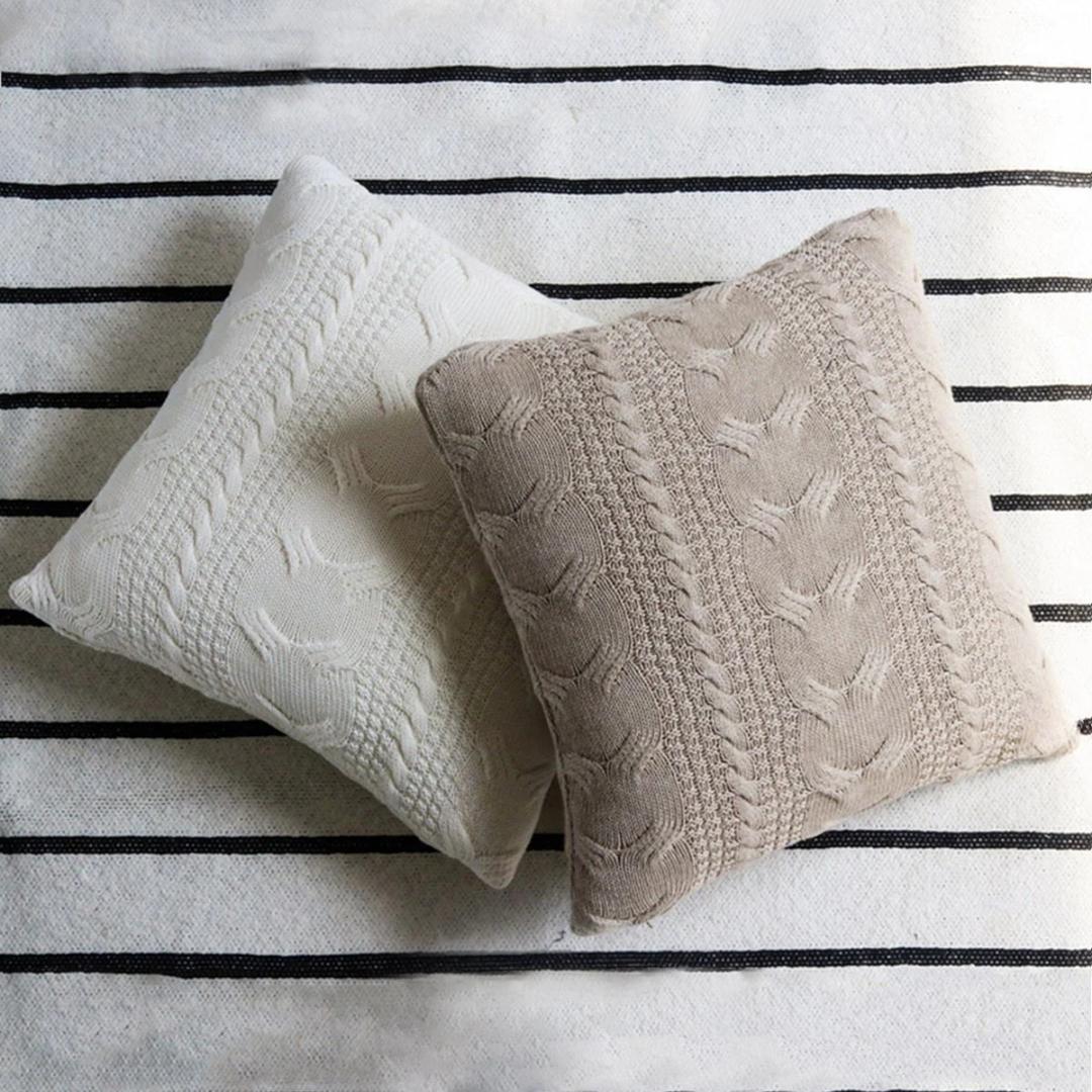 Classical Light Beige Melange Cotton Knitted Decorative Cushion Cover (18 in x 18 in)