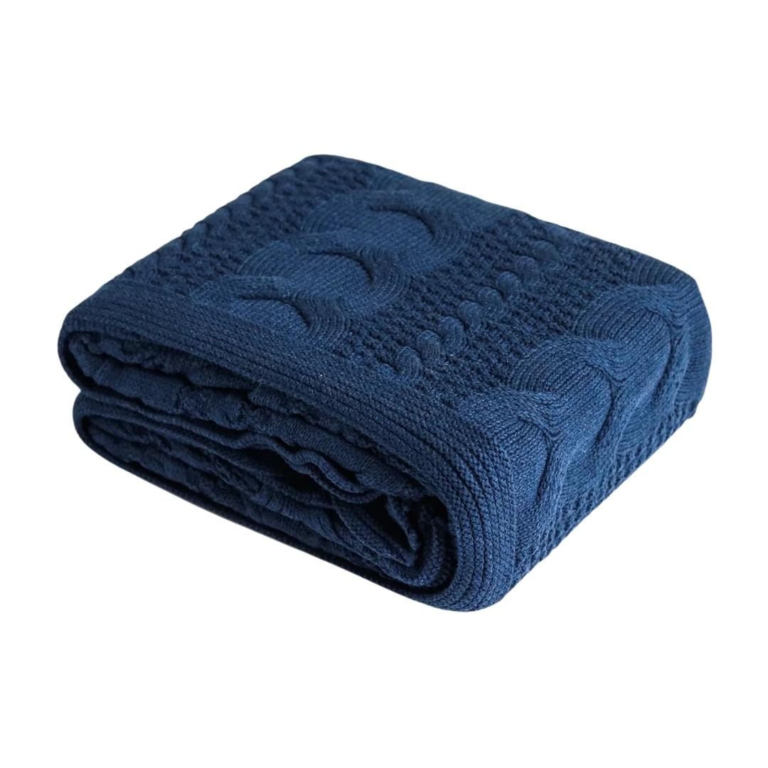 Classical Navy Melange Cotton Knitted Throw Blanket (50 in x 60 in)
