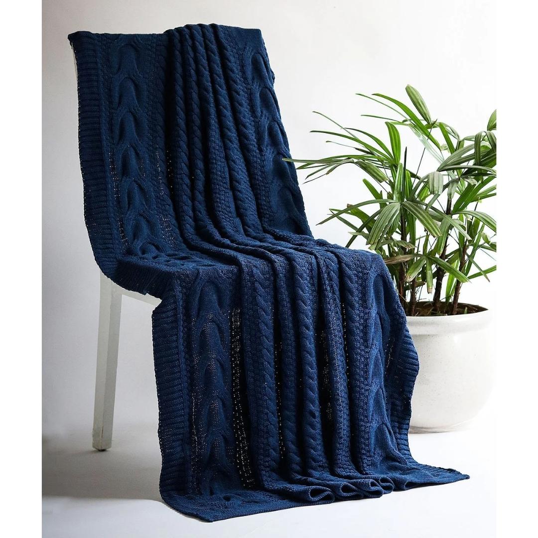 Classical Navy Melange Cotton Knitted Throw Blanket (50 in x 60 in)