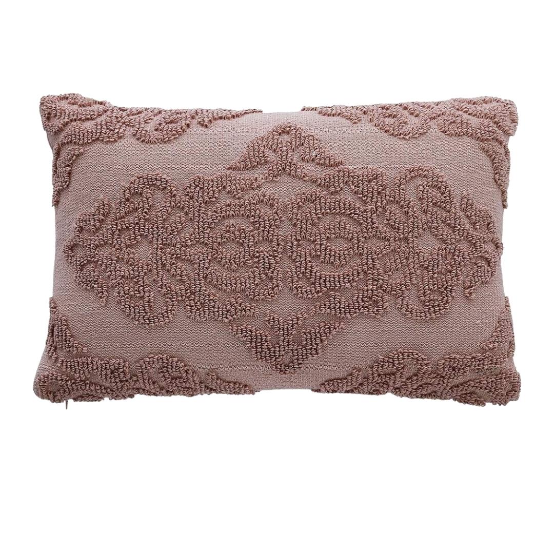 Damask Blush Pink Cotton Knitted Decorative Cushion Cover (16 in x 24 in)
