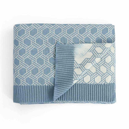 Geometric Alica Blue & Natural Cotton Knitted Throw Blanket (50 in x 60 in)