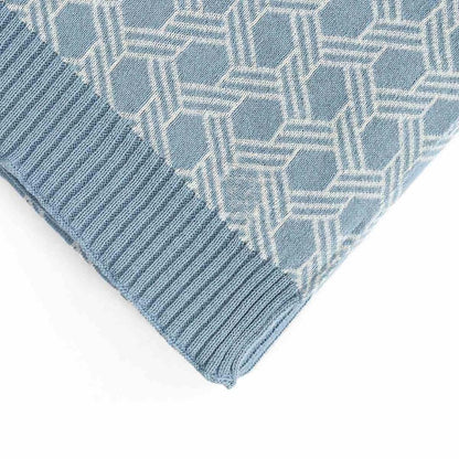 Geometric Alica Blue & Natural Cotton Knitted Throw Blanket (50 in x 60 in)