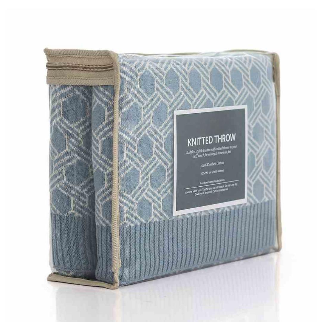 Geometric Alica Blue & Natural Cotton Knitted Throw Blanket (50 in x 60 in)