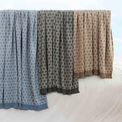 Geometric Alica Blue & Natural Cotton Knitted Throw Blanket (50 in x 60 in)