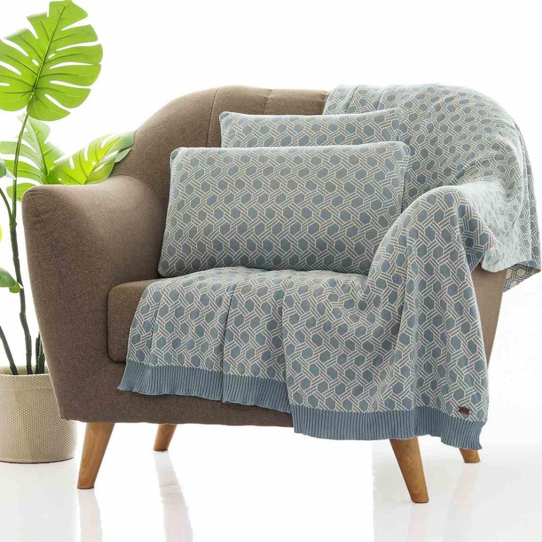 Geometric Alice Blue & Natural Cotton Knitted Decorative Cushion Cover (12 in x 20 in)