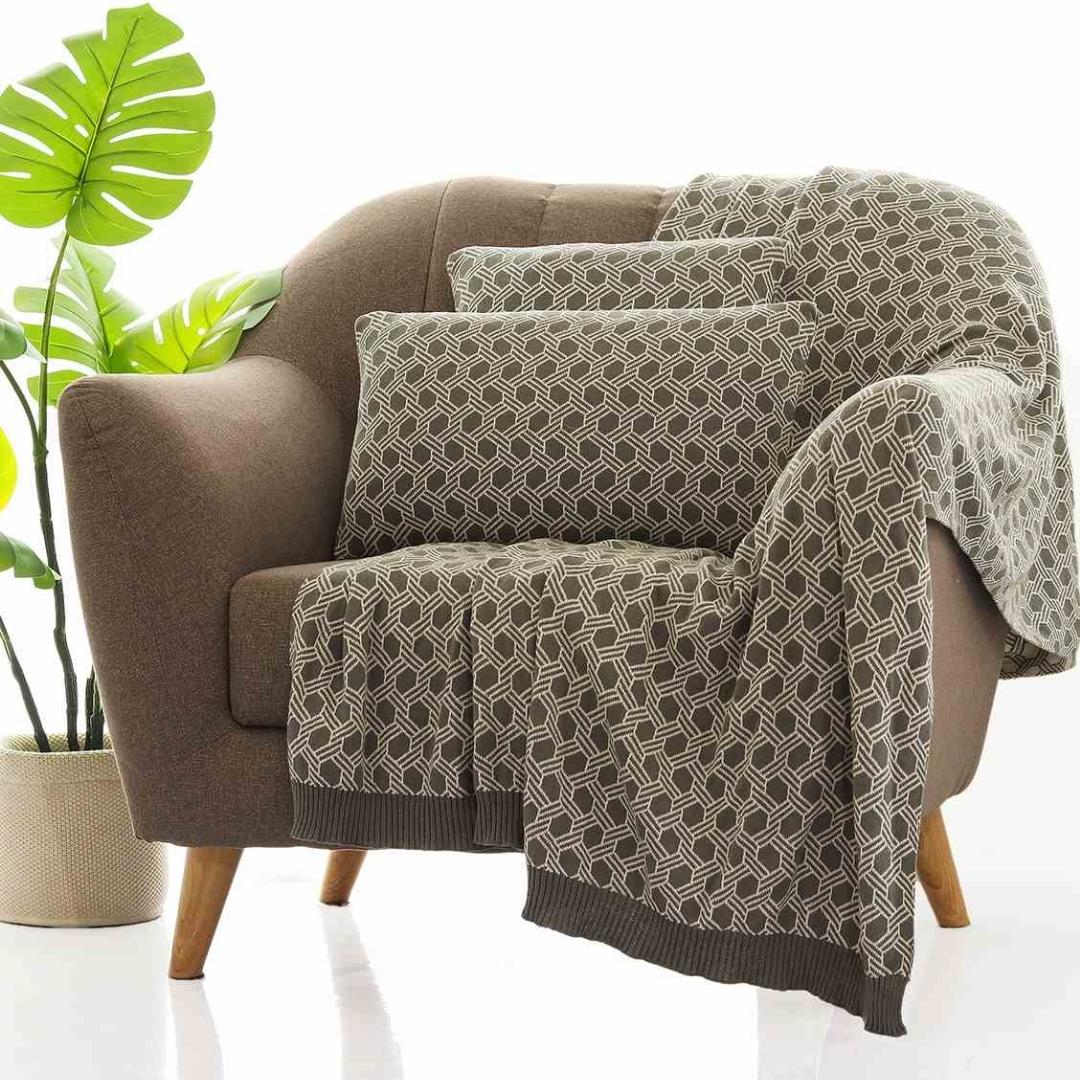 Geometric Fossil & Natural Cotton Knitted Decorative Cushion Cover (16 in x 16 in)