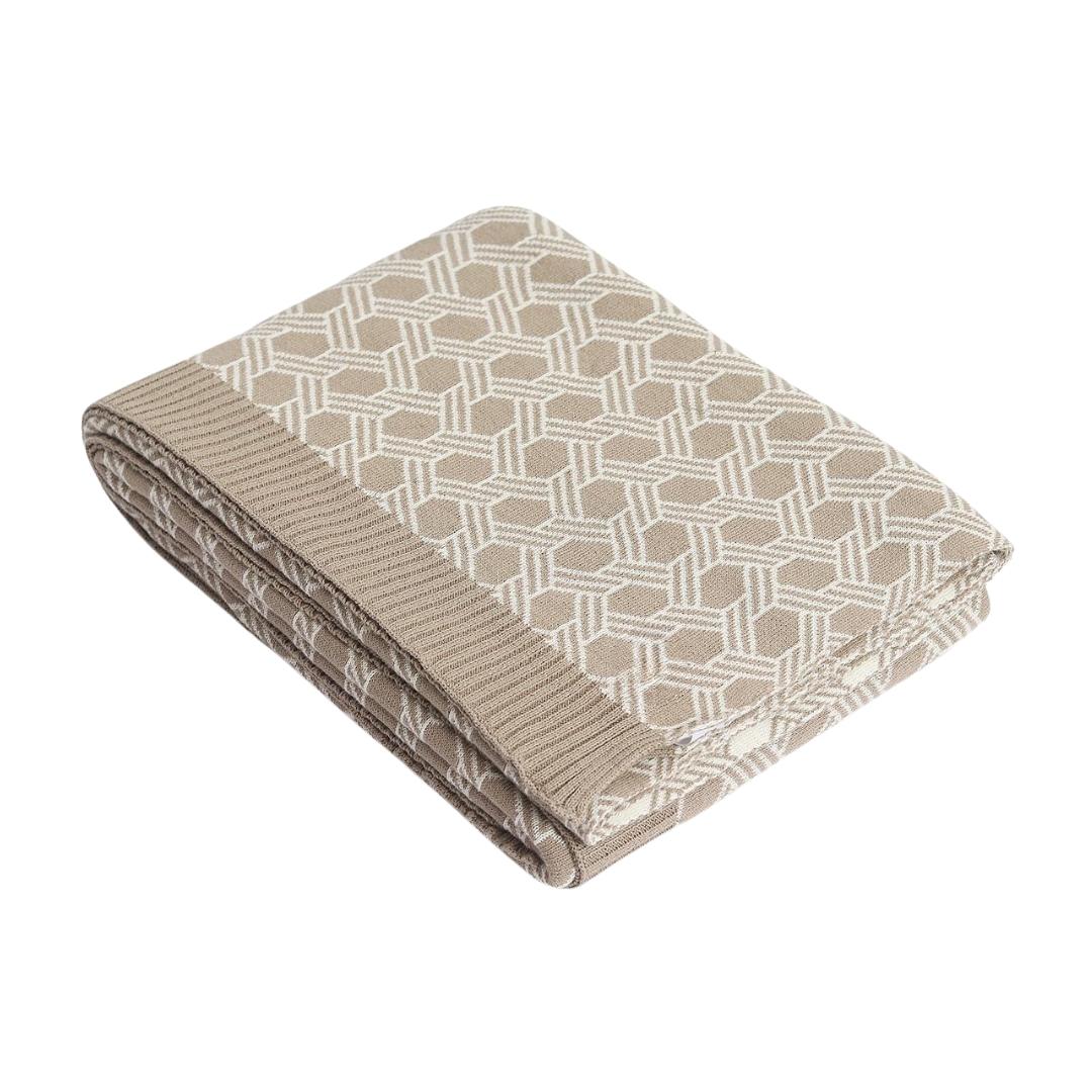 Geometric Stone & Natural Cotton Knitted Throw Blanket (50 in x 60 in)