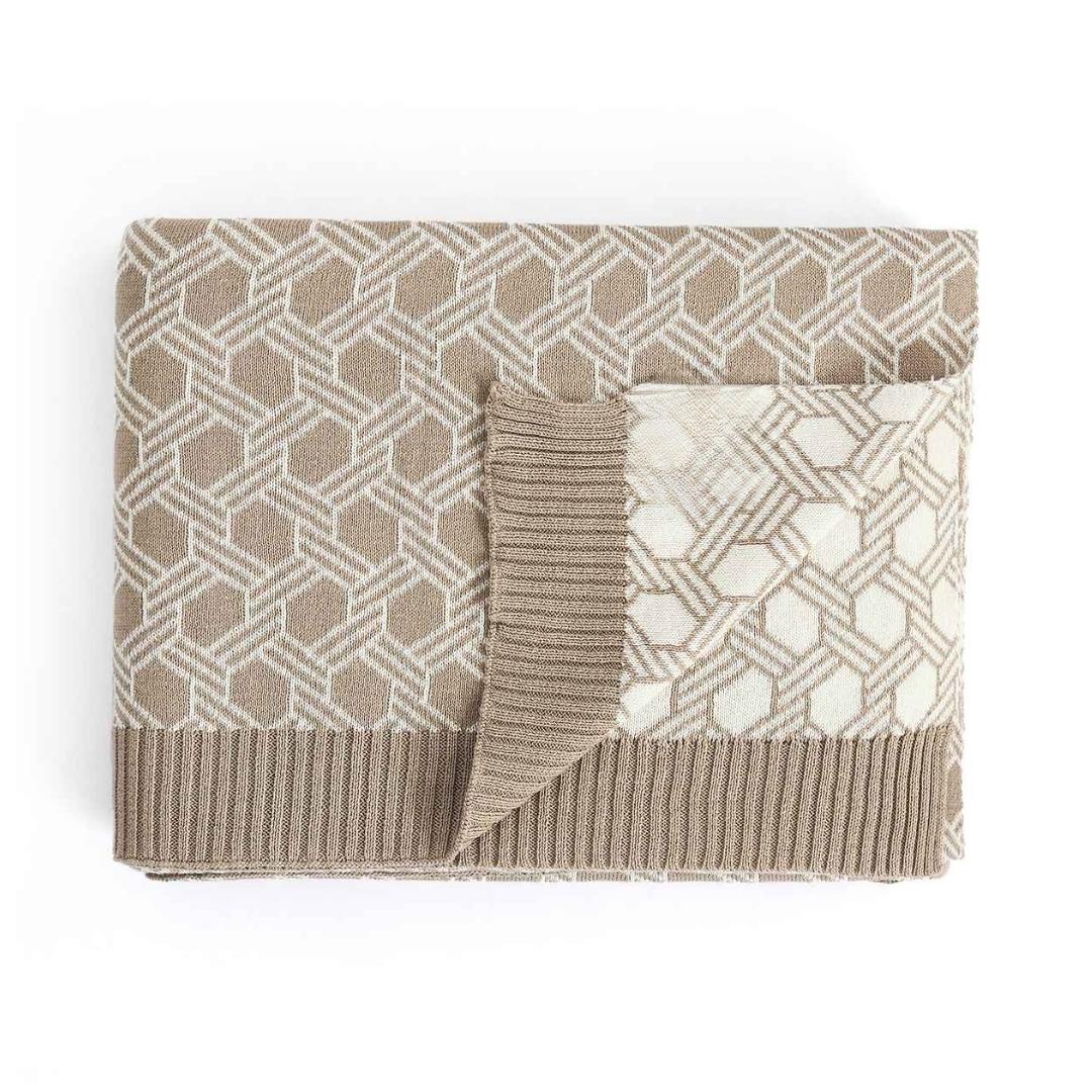 Geometric Stone & Natural Cotton Knitted Throw Blanket (50 in x 60 in)