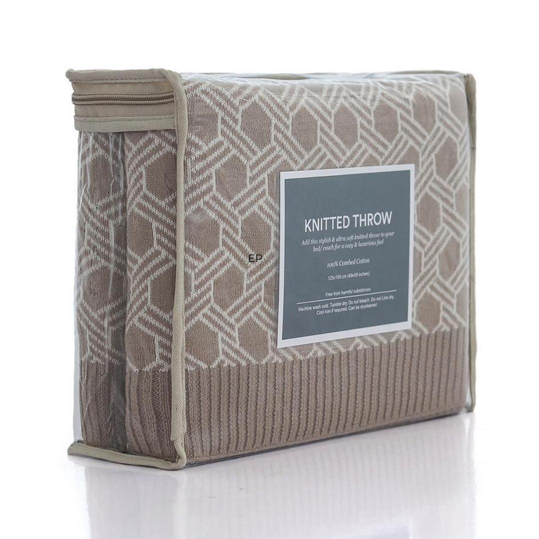 Geometric Stone & Natural Cotton Knitted Throw Blanket (50 in x 60 in)