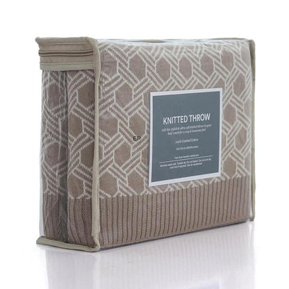 Geometric Stone & Natural Cotton Knitted Throw Blanket (50 in x 60 in)