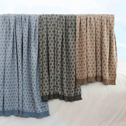 Geometric Stone & Natural Cotton Knitted Throw Blanket (50 in x 60 in)