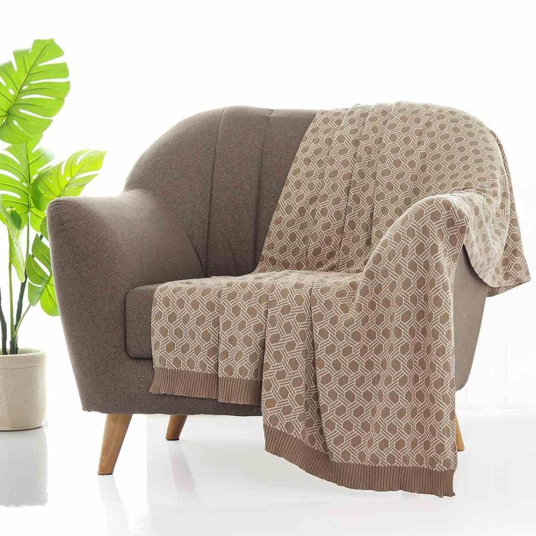 Geometric Stone & Natural Cotton Knitted Throw Blanket (50 in x 60 in)