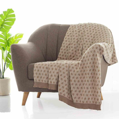 Geometric Stone & Natural Cotton Knitted Throw Blanket (50 in x 60 in)