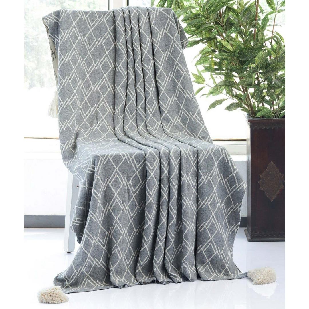 Gianna Light Grey & Natural Cotton Knitted Throw Blanket (50 in x 60 in)