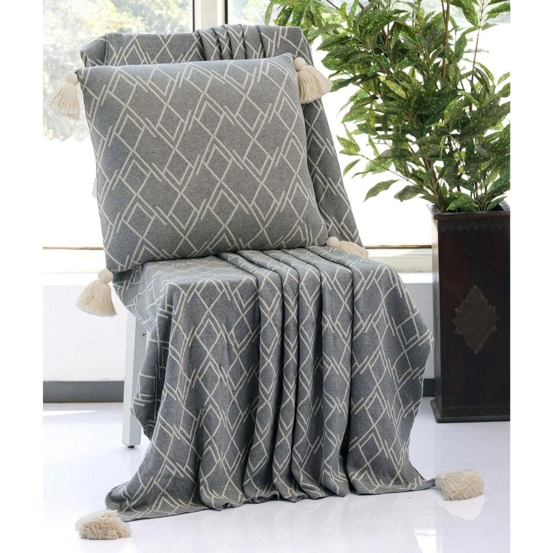 Gianna Light Grey & Natural Cotton Knitted Throw Blanket (50 in x 60 in)
