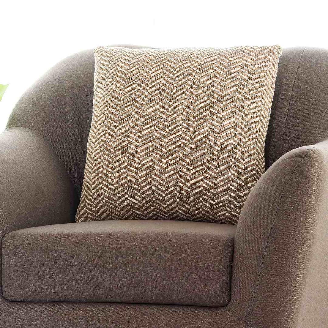 Herringbone Khaki & Natural Cotton Knitted Decorative Cushion Cover (18 in x 18 in)