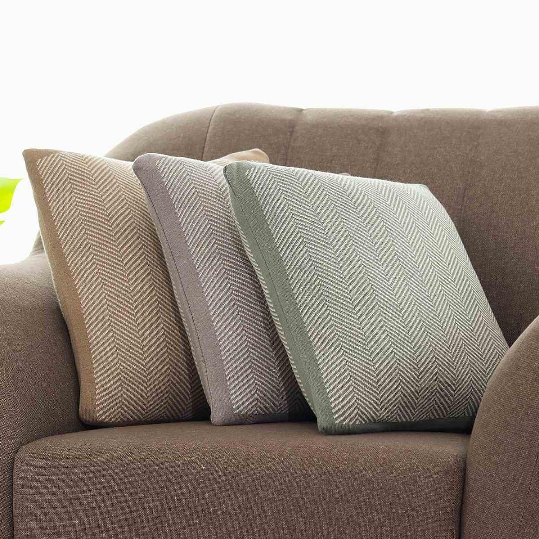 Herringbone Stone & Natural Cotton Knitted Decorative Cushion Cover (16 in x 16 in)