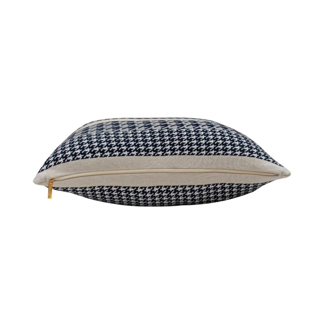 Hounds Tooth Royal Blue & Grey Cotton Knitted Decorative Cushion Cover (20 in x 20 in)