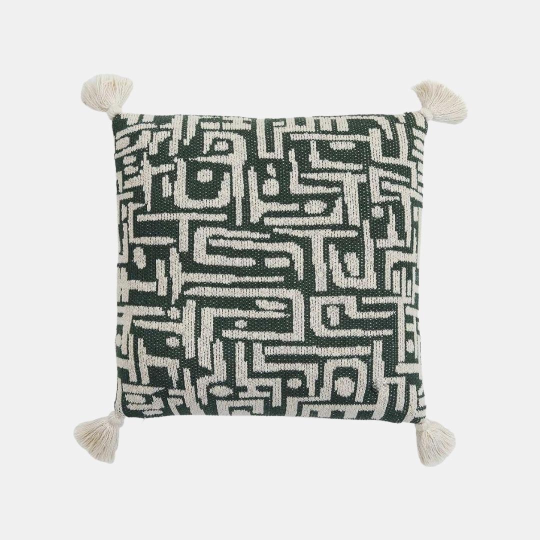Maze Bermuda Green & Natural Cotton Knitted Decorative Cushion Cover (18 in x 18 in)