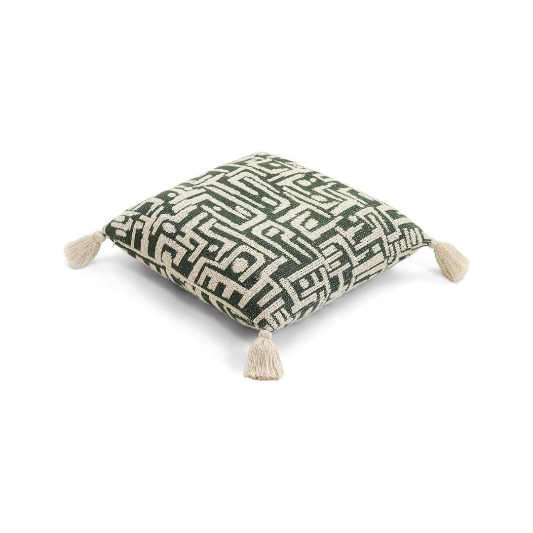 Maze Bermuda Green & Natural Cotton Knitted Decorative Cushion Cover (18 in x 18 in)