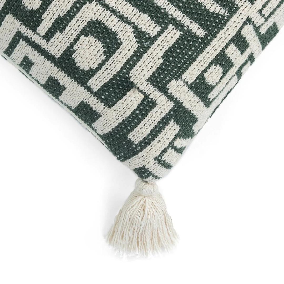 Maze Bermuda Green & Natural Cotton Knitted Decorative Cushion Cover (18 in x 18 in)
