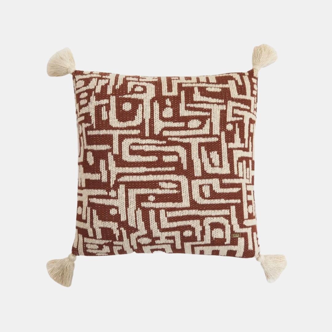 Maze Dark Coffee & Natural Cotton Knitted Decorative Cushion Cover (18 in x 18 in)