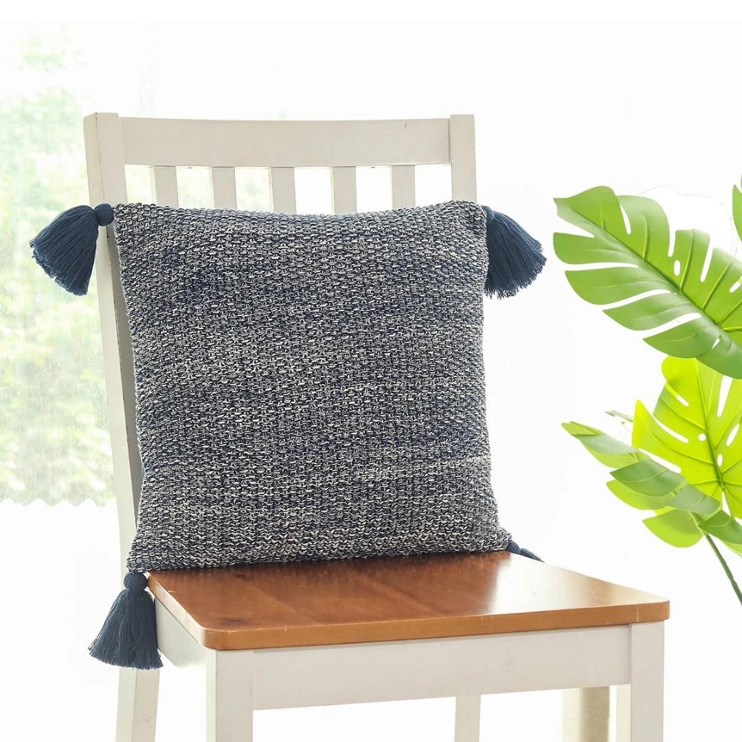 Moss Knit Navy & Natural Cotton Knitted Decorative Cushion Cover (16 in x 16 in)