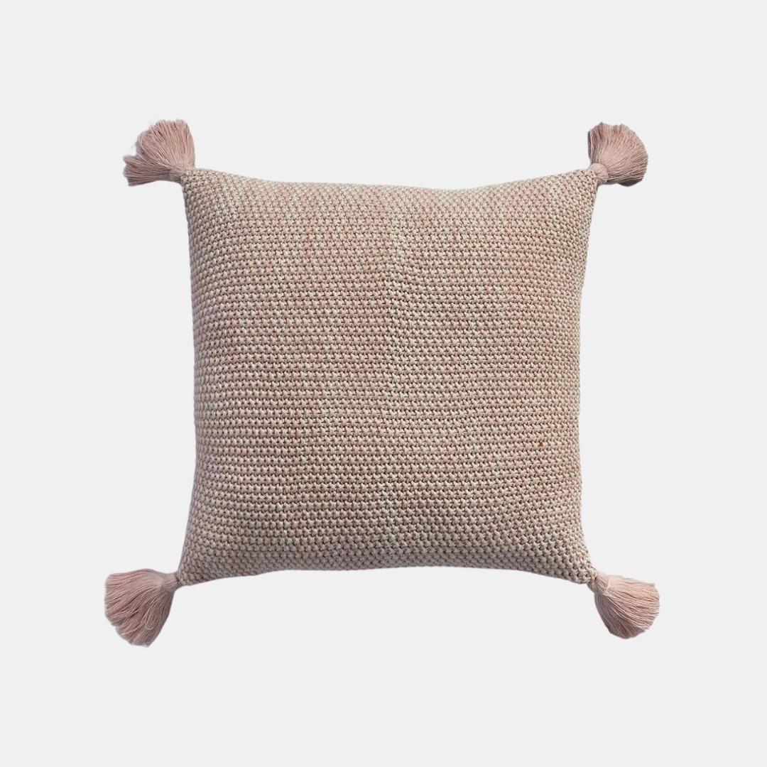 Moss Knit Pearl Pink & Natural Cotton Knitted Decorative Cushion Cover (16 in x 16 in)