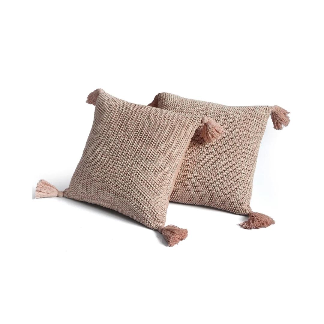 Moss Knit Pearl Pink & Natural Cotton Knitted Decorative Cushion Cover (16 in x 16 in)