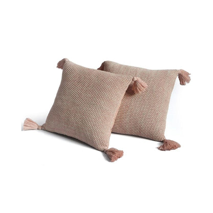 Moss Knit Pearl Pink & Natural Cotton Knitted Decorative Cushion Cover (16 in x 16 in)