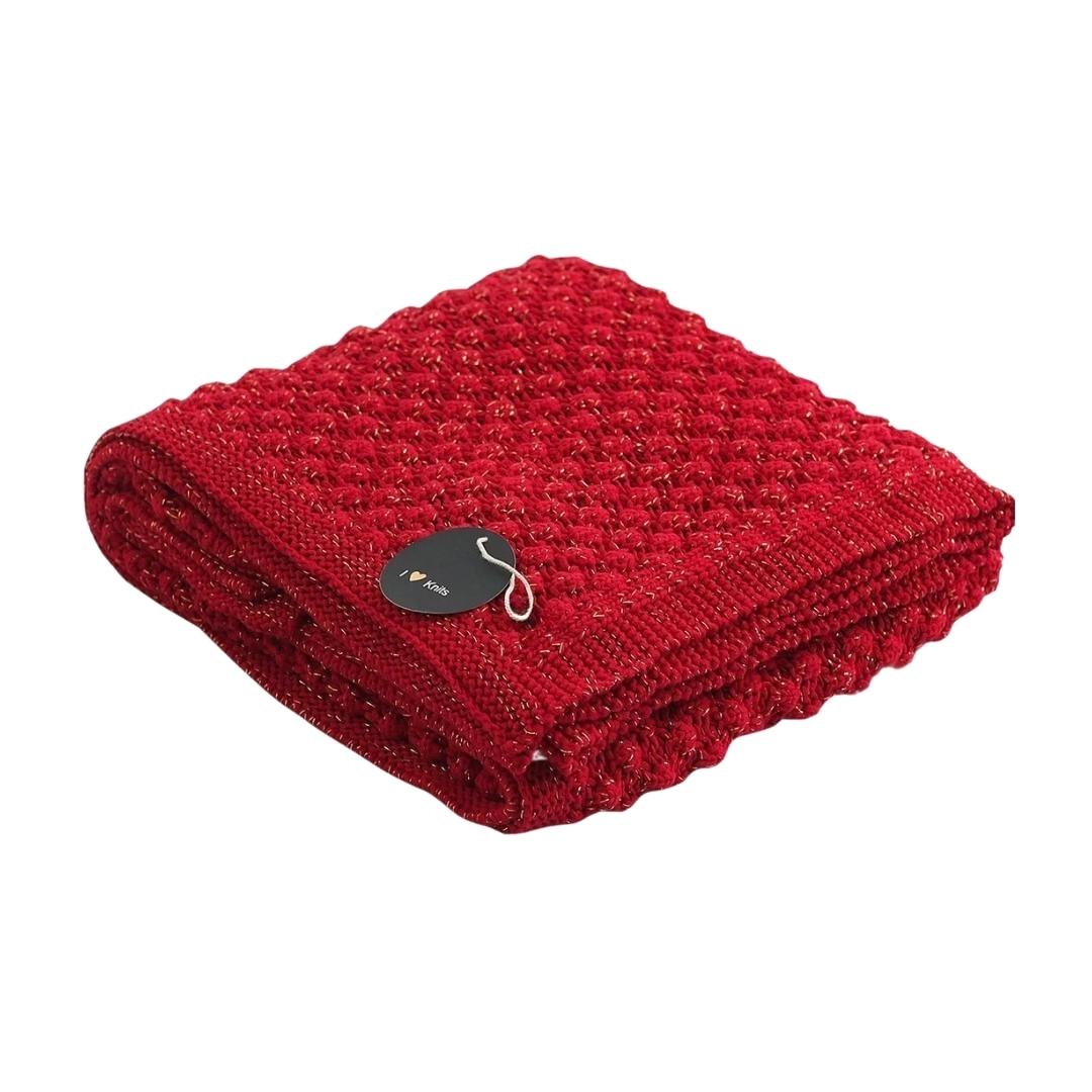 Popcorn Red & Golden Metallic Cotton Knitted Throw Blanket (50 in x 60 in)