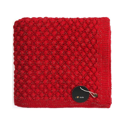 Popcorn Red & Golden Metallic Cotton Knitted Throw Blanket (50 in x 60 in)