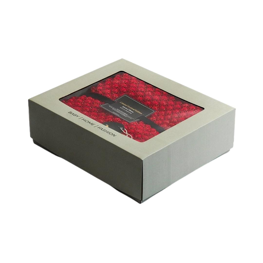 Popcorn Red & Golden Metallic Cotton Knitted Throw Blanket (50 in x 60 in)