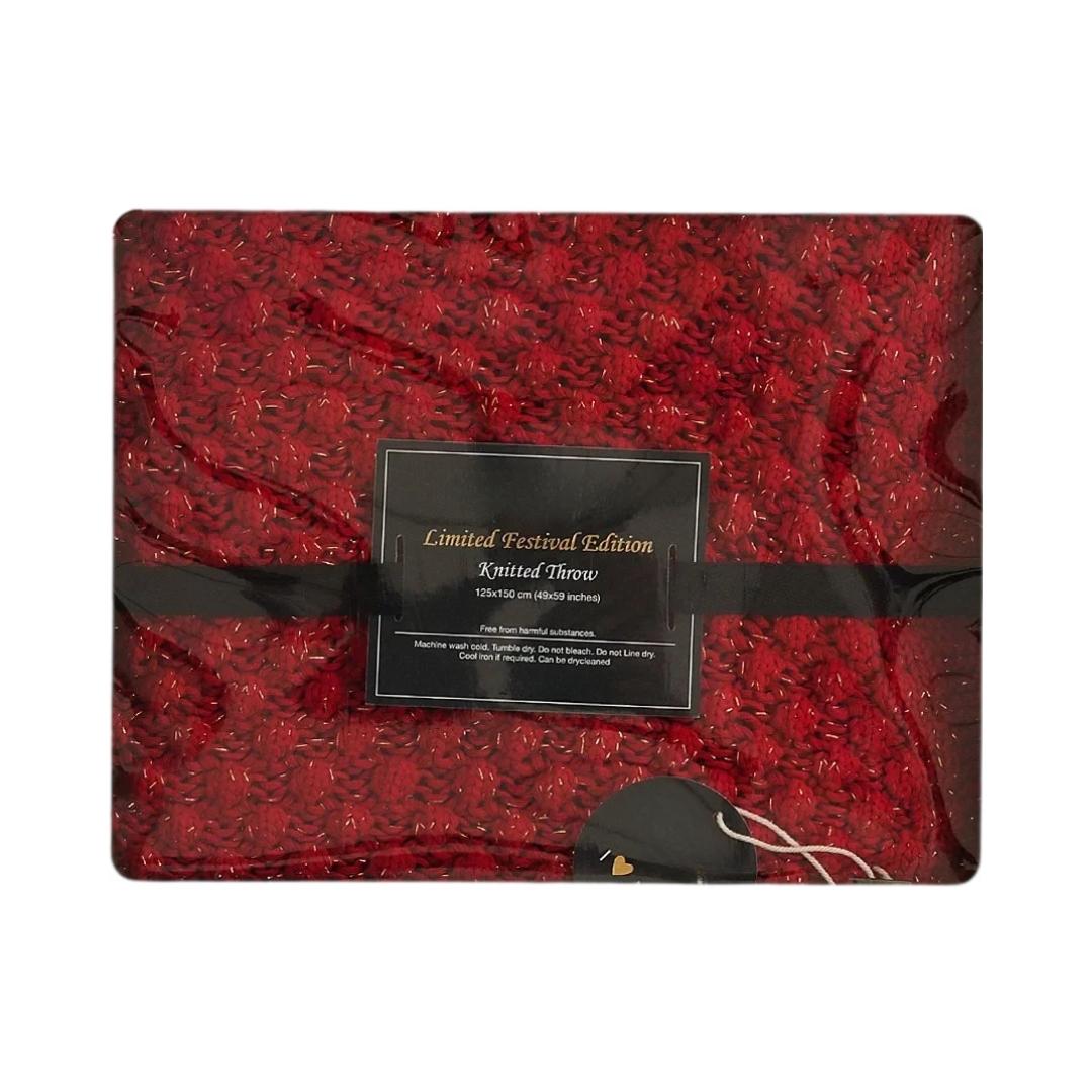 Popcorn Red & Golden Metallic Cotton Knitted Throw Blanket (50 in x 60 in)