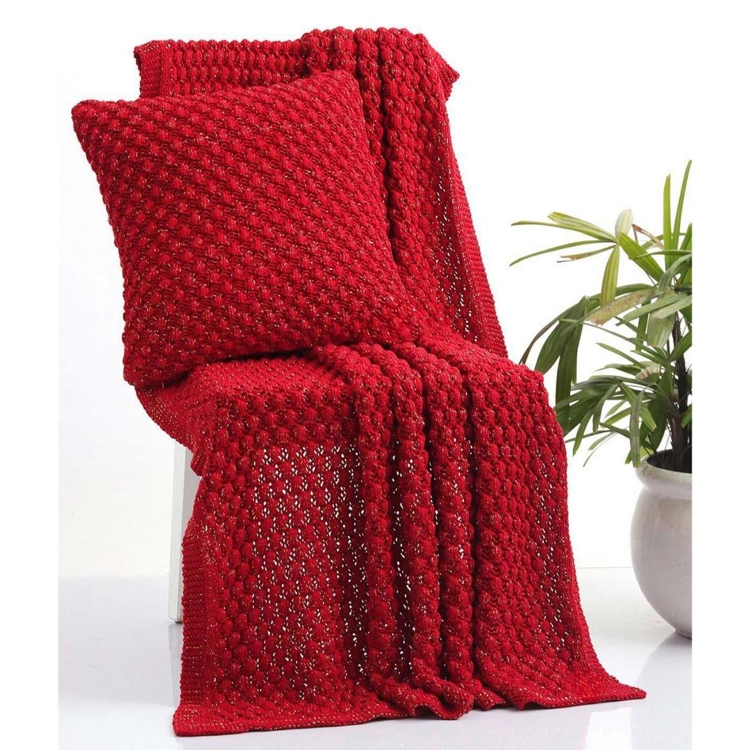 Popcorn Red & Golden Metallic Cotton Knitted Throw Blanket (50 in x 60 in)