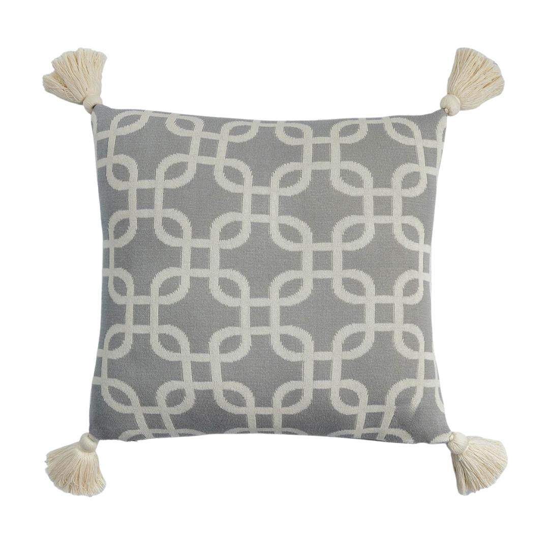 Stroke Square Light Grey Melange & Natural Cotton Knitted Decorative Cushion Cover (18 in x 18 in)