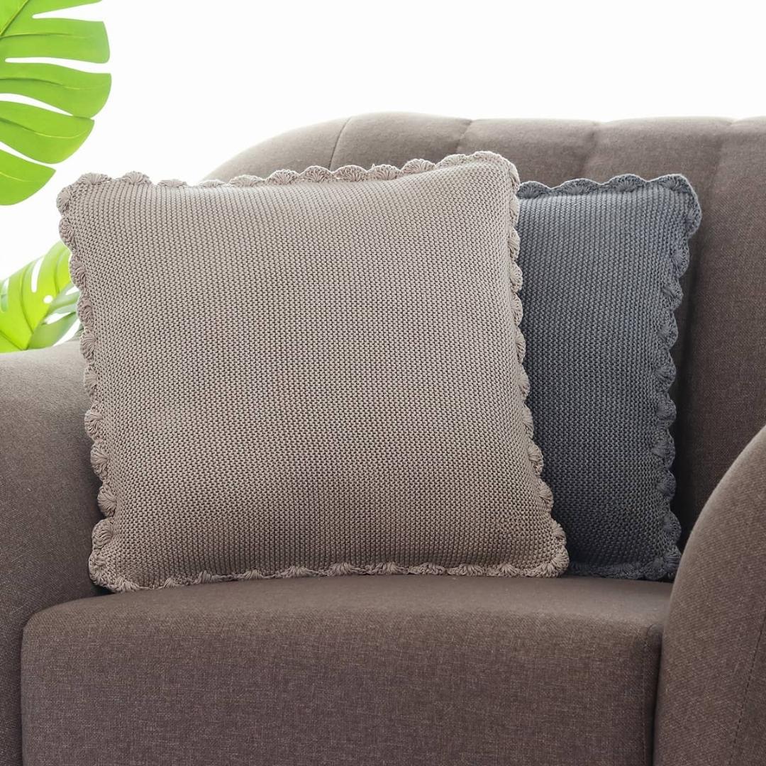 Transfer Knit with Hand Crochet Border Pale Whisper Cotton Knitted Decorative Cushion Cover (16 in x 16 in)
