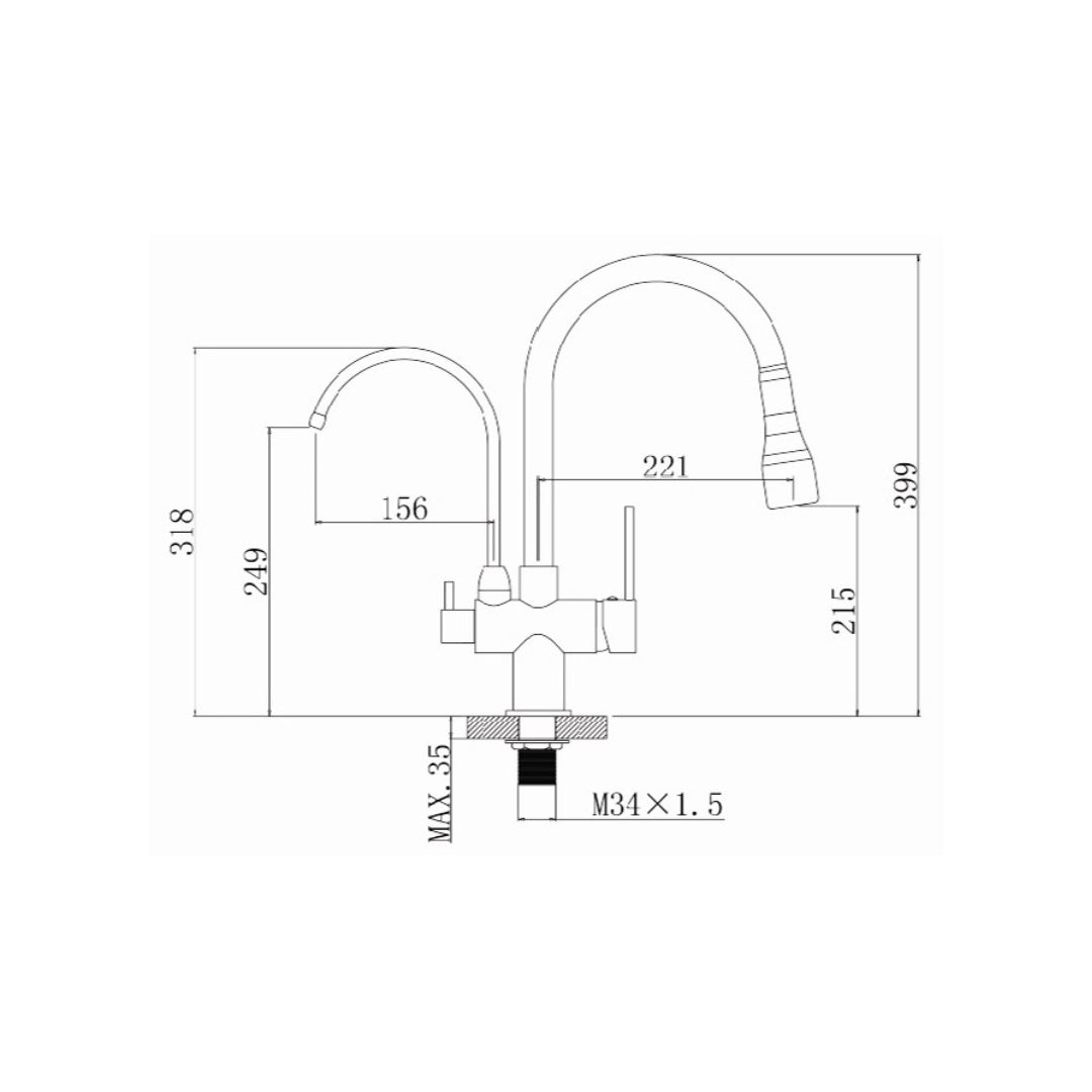 Simoll Table Mounted Pull-Down Kitchen RO + Sink Mixer Aquapure SM-2615 with Extractable Hand Shower Spout in Chrome Finish
