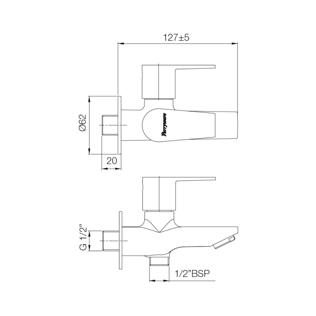 Parryware WC Area 2 Way Bib Tap Praseo T1381A1 - Chrome