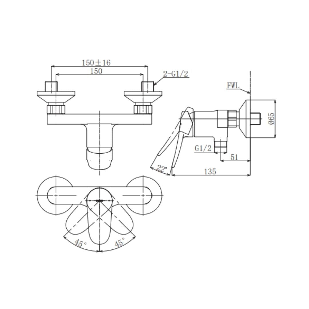 Toto 1 Way Wall Mixer LF TBS04301B - Chrome Finish
