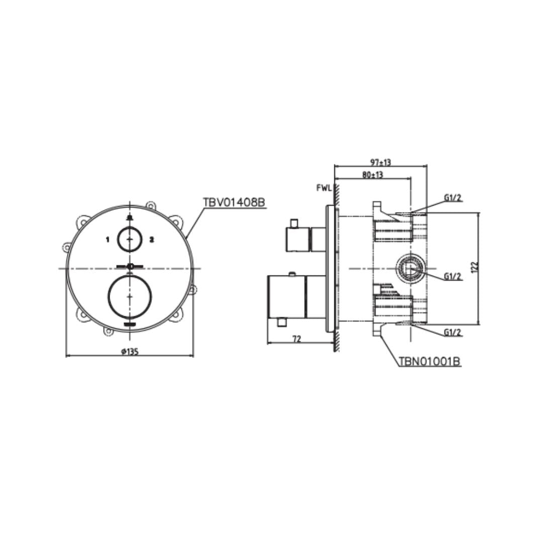 Toto 2 Way Thermostatic Diverter Concealed Thermostat TBV01408B - Chrome Finish