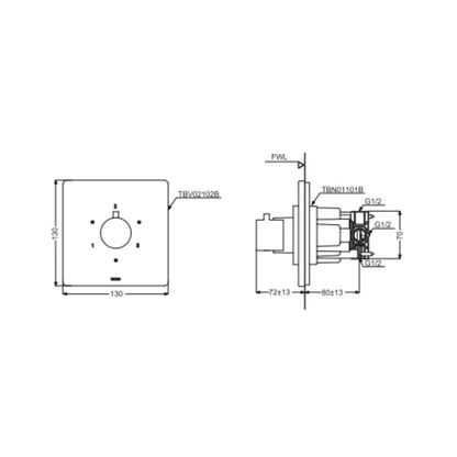 Toto 3 Way Thermostatic Diverter Concealed Thermostat TBV02102B - Chrome Finish