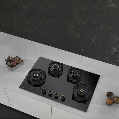Hafele Built In Oven CELIA 70 + Hafele Built-In Microwave AIDA 28 + Hafele 75 cm Wall Mounted Chimney TERESA T-75 BLDC + Hafele 80 cm 4 Burner Hob Vesta Series VESTA 480