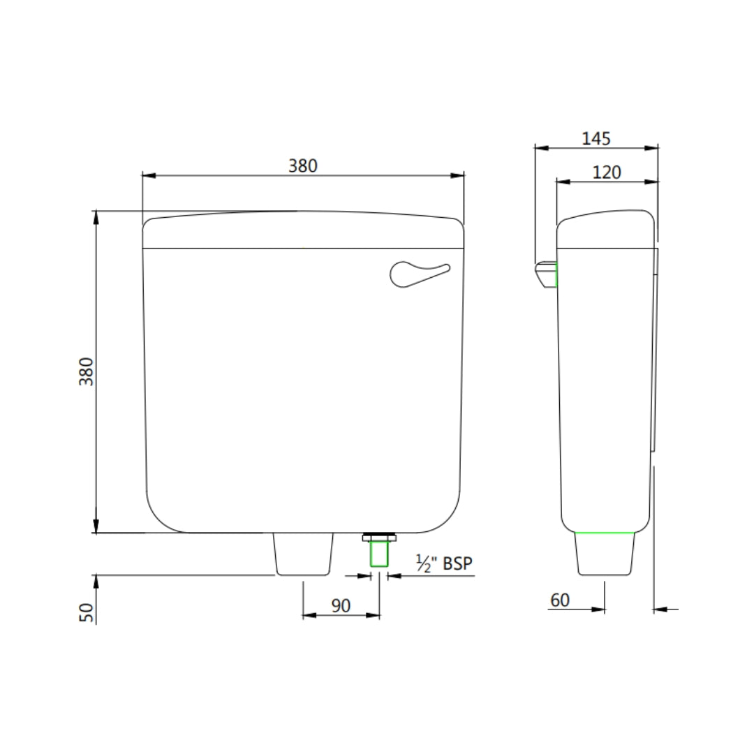 Essco External Wall Mounted Cistern Without Frame WHE-WHT-183NT - White